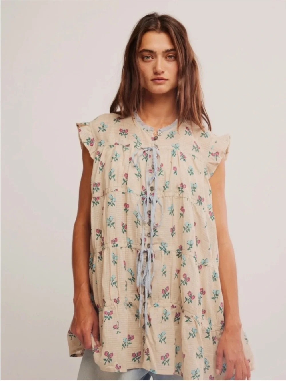 Free People Bohemian Prairie Sundown Mini Dress Tunic Floral Ivory Combo Large